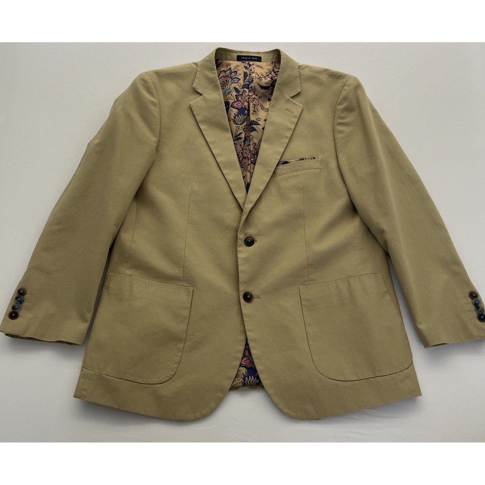Alan Flusser Mens Size Large Beige / Floral 2 Button Sports Coat Blazer Preppy